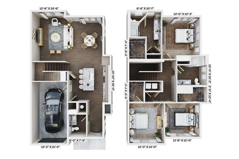 two floor plans with a bedroom and a living room